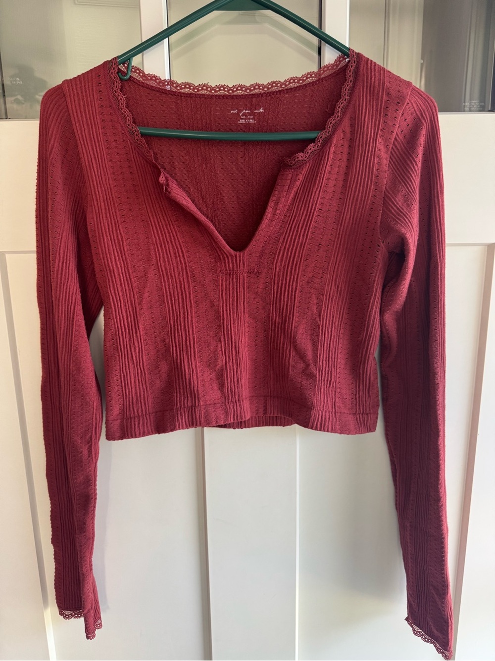Urban Outfitters Red Ribbed V-Neck Lace Trim Crop Top